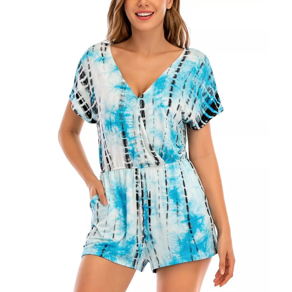 NWT Lucky Brand Women's Tie Dye Wrap Front Side Pockets Swim Cover-up Romper